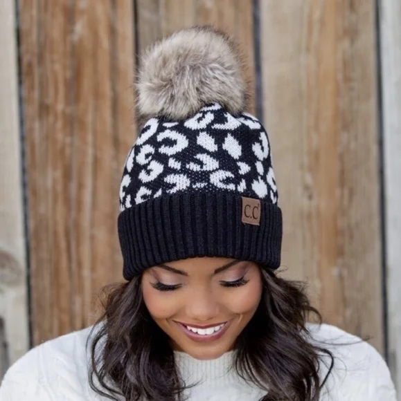 Last Two! Stylish Black and White C.C. Beanie w/Leopard Print & Faux Fur Pom - Picture 2 of 6
